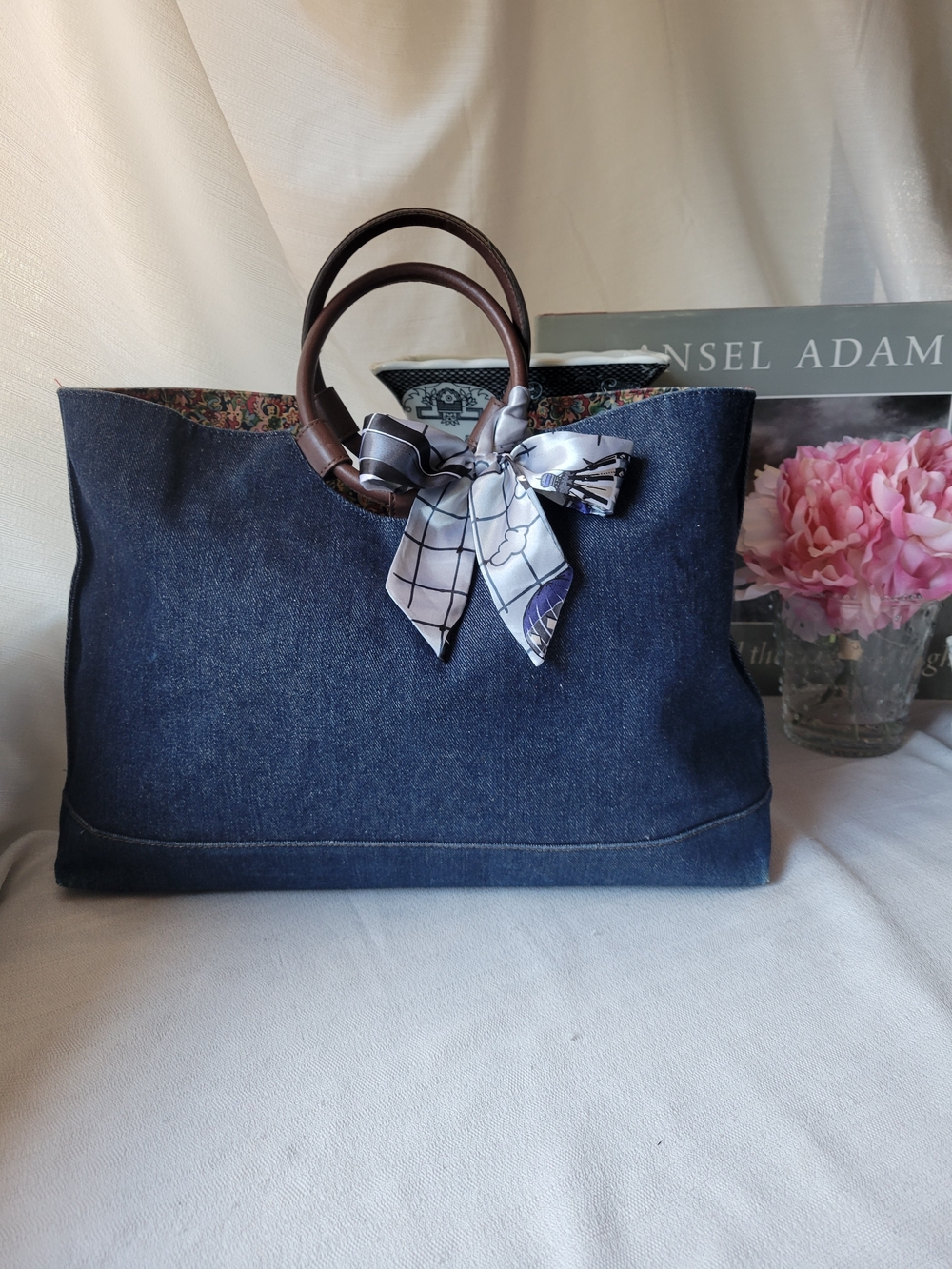 Lancome Dark Denim Tote with Brown Handles and Blue-White Scarf